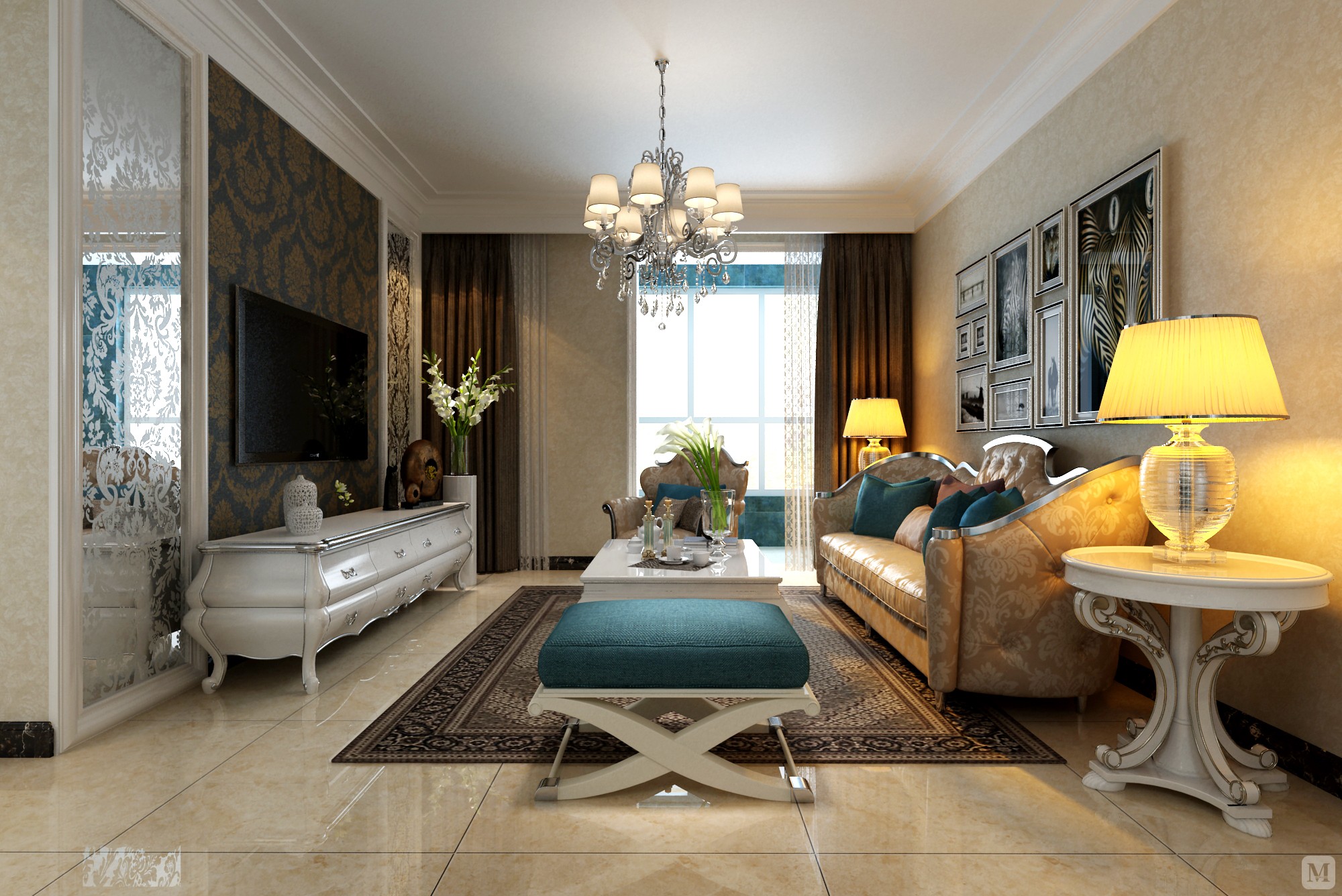 米色在装修配色中应用极为广泛，它适用任何风格，在这个案例中大面积的米色与蓝色的搭配干净优雅，简单的造型与家具很好的体现了欧式风格元素，简单利落而温馨。