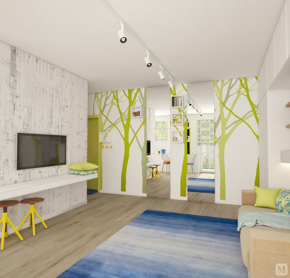 清新淡雅的绿色格调，利用墙面错落有致的树枝贴画和落地镜子，增加了空间的通透感。设置大型衣柜为这个狭小的空间增添了许多收纳，沙发也凭空多出一面背景墙。