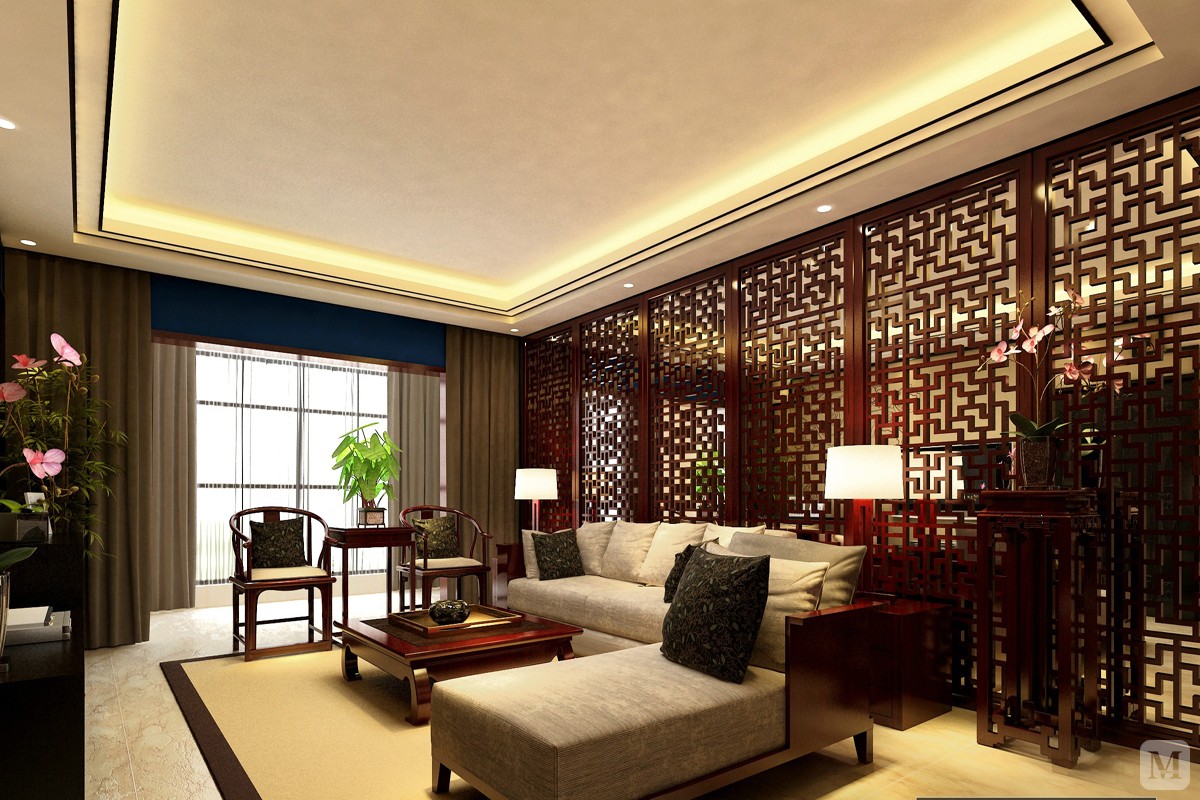 中式客厅窗帘装修效果图