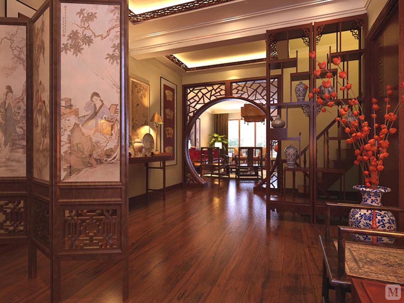 中式风格 中明清风格的主流体现 利用空间留白 给房间留出大面积展式