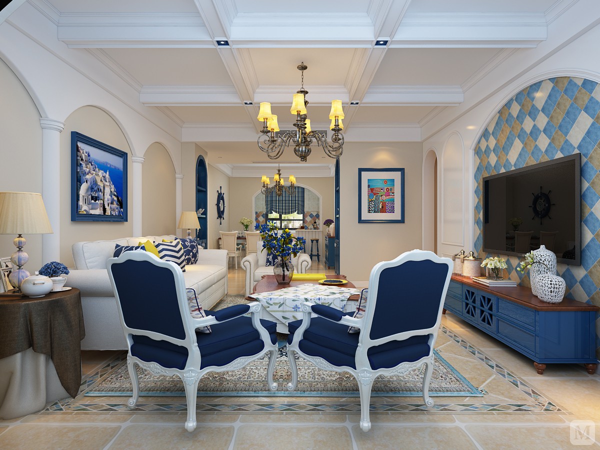 拱形造型的影视墙面与沙发背景墙拱形造型相呼应，营造一种对称美。瓷砖拼贴在地中海风格中算较为华丽的装饰。以蓝色、白色为主色调，看起来明亮悦目、通透开阔。