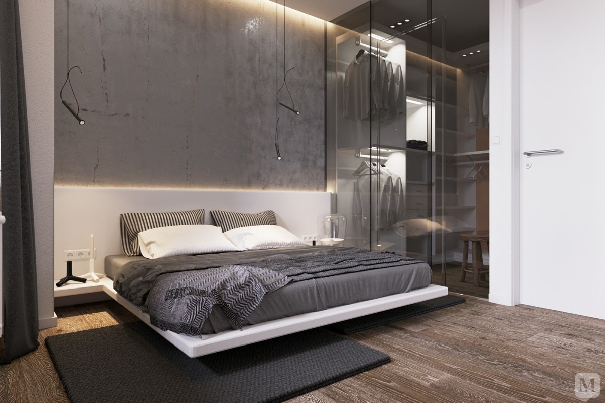 灰色调的卧室空间凸显了中性时尚的格调，透明隔断的衣帽间让视线一览无余，极具个性。