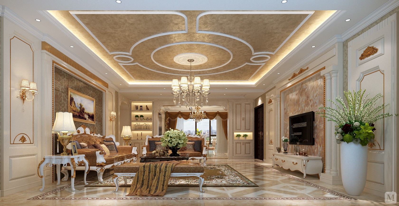 客厅,餐厅通过天花造型与地面造型等处理来进行功能的划分.