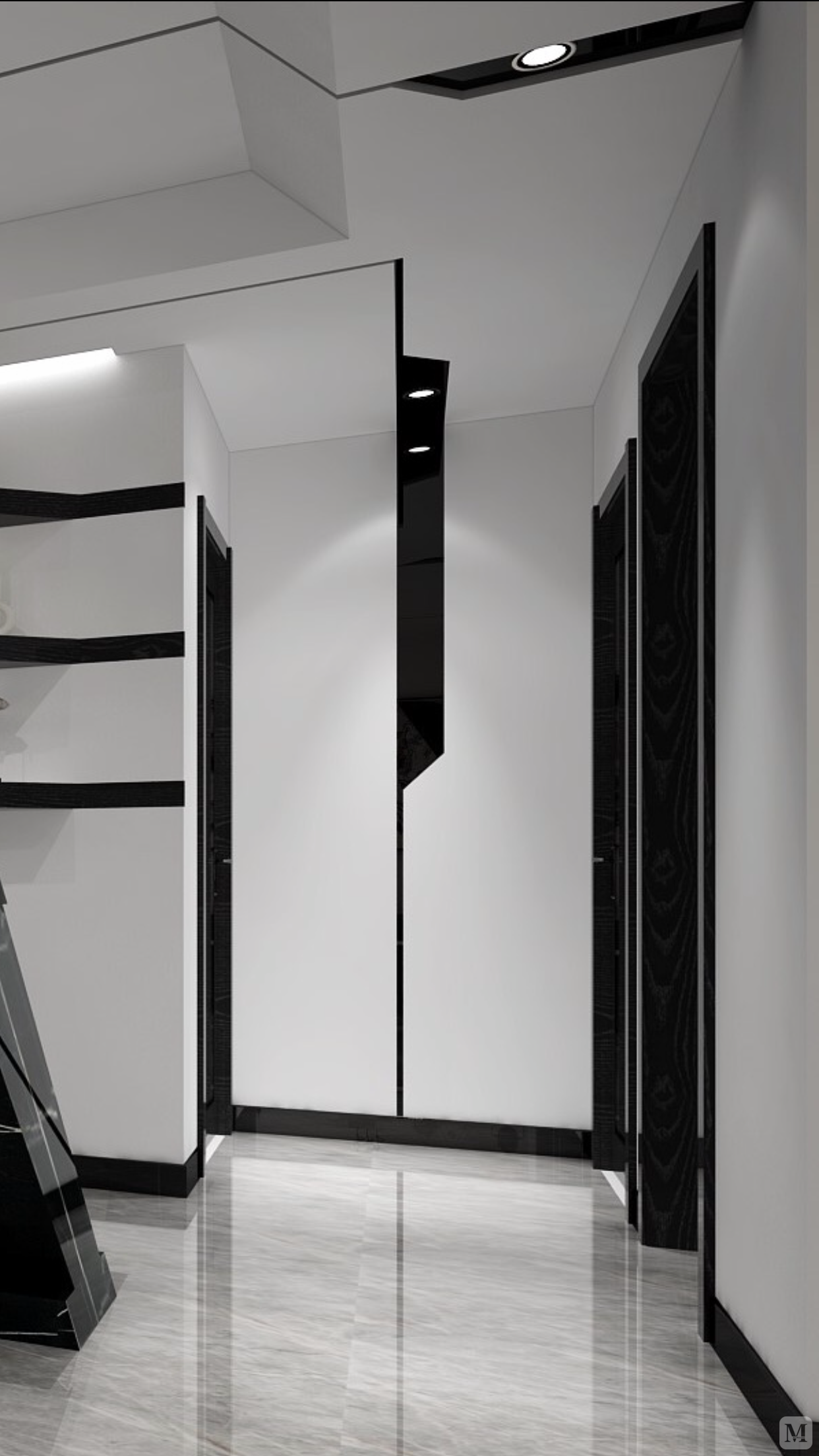 条框,以现代简洁的黑白灰为主,突出异形的黑色造型,以黑木与黑镜结合