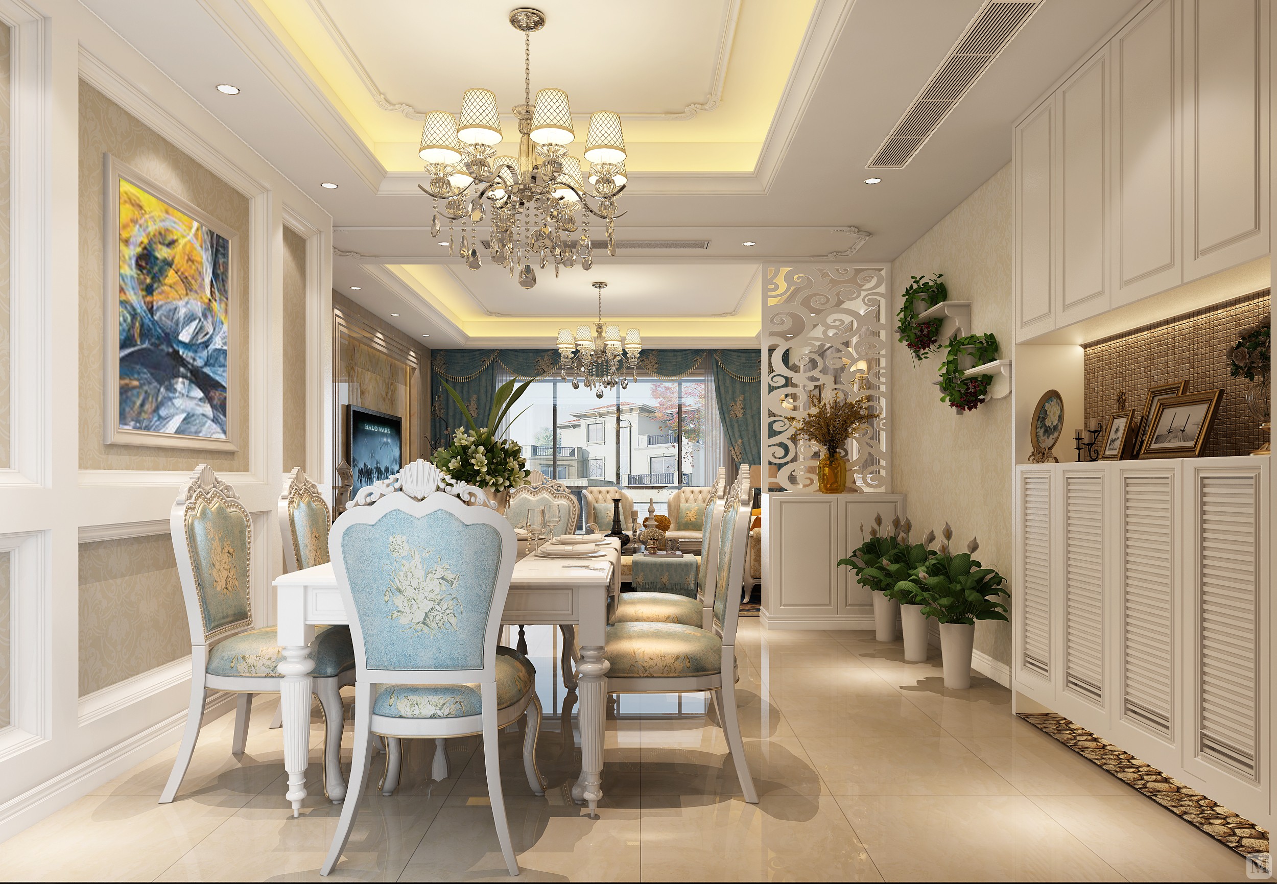 整体色调偏温暖,客厅背景墙采用石材和微晶石定制图案设计,配上地面