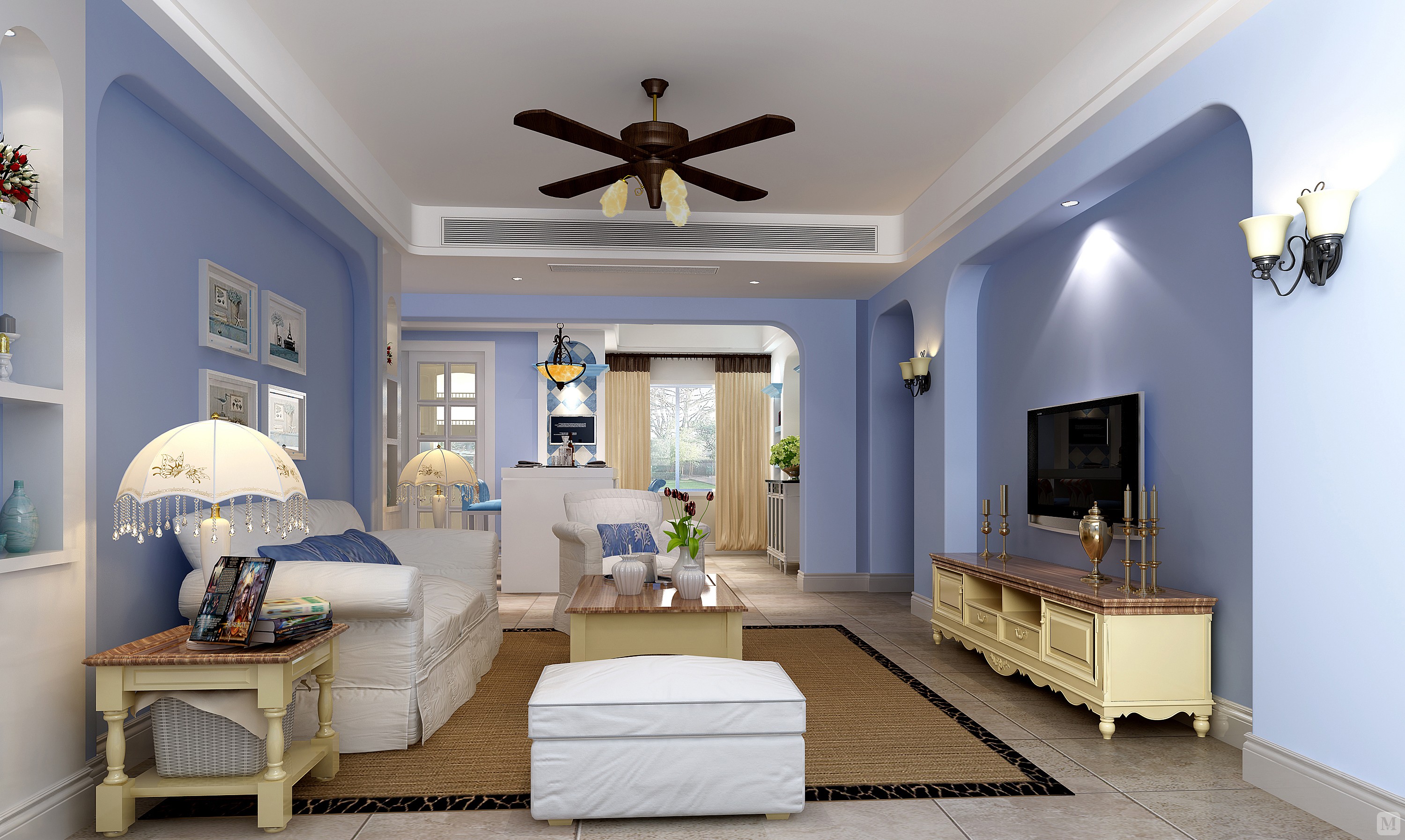 本案为110平米公寓房,地中海风格,清新阳光.