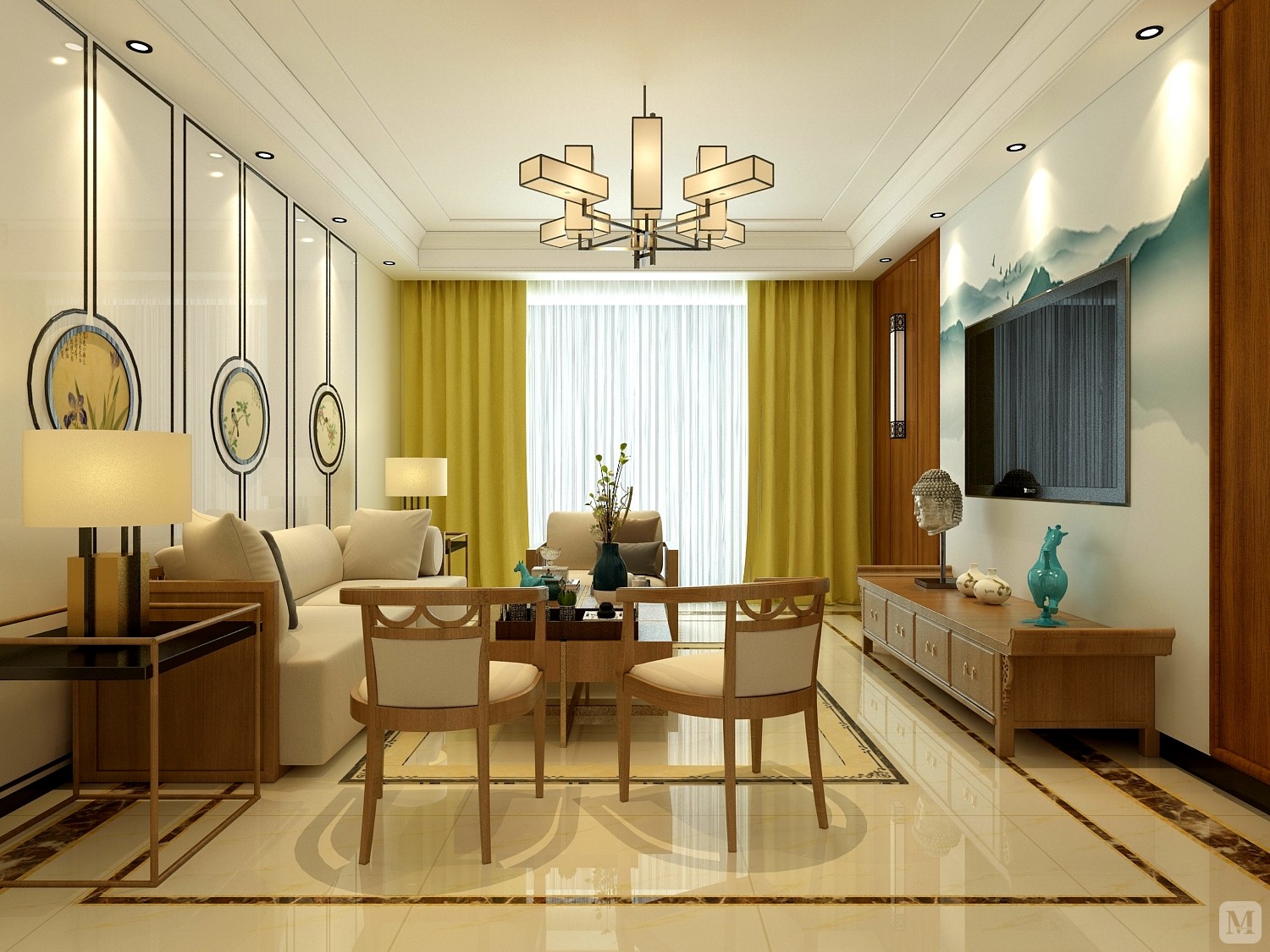 室内多采用对称式的布局方式,格调高雅,造型简朴优美,色彩浓重而成熟.
