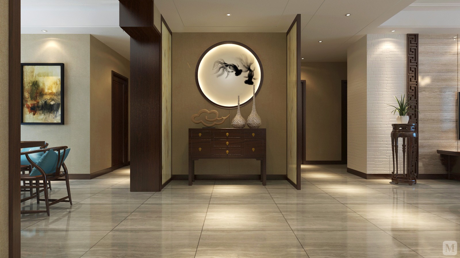 设计风格定义为现代中式主义,墙面整体色调以浅灰色壁纸为主,低调大气