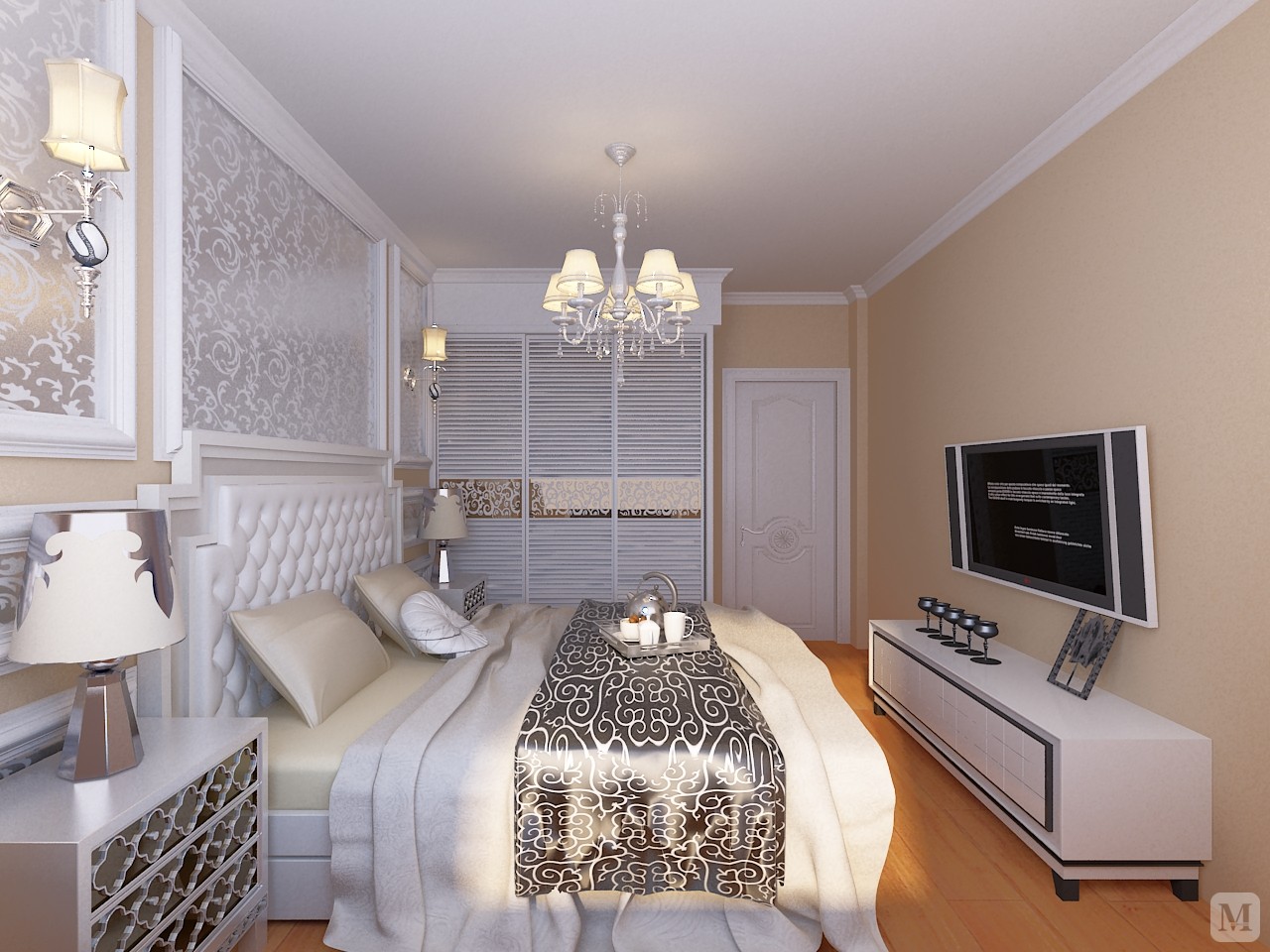 银色花纹壁纸做卧室床头背景墙装饰，恰好与床上布艺及衣柜门上的花板相呼应。