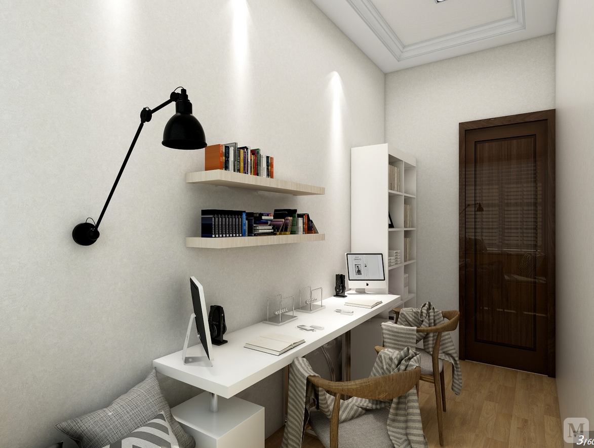 该房间的重点在于客厅的布置,沙发背景墙铺贴文化砖并用装饰画与小