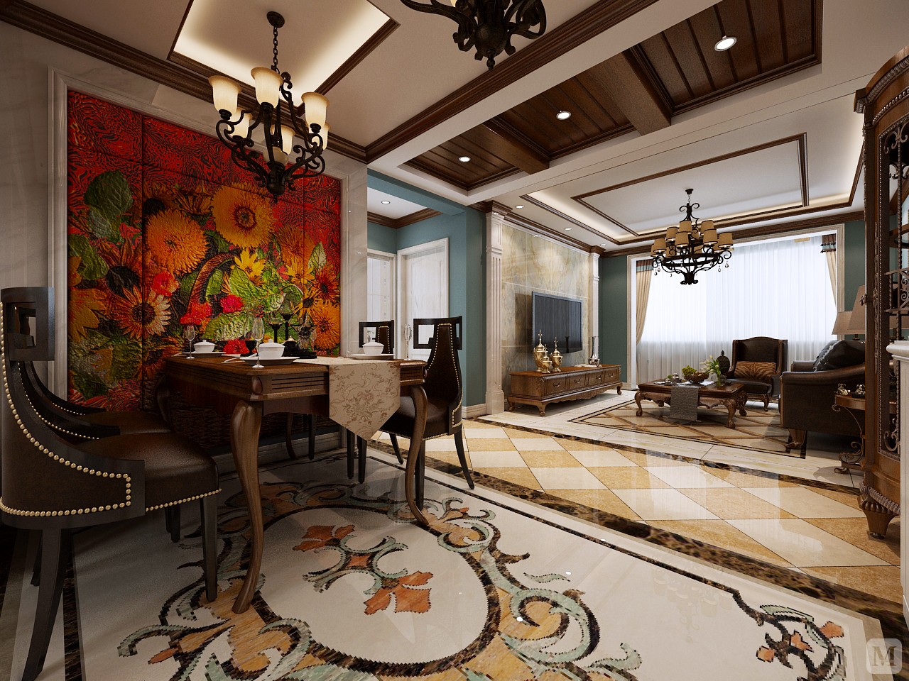 餐厅地面的理石地心拼花与墙面的手工造型砖相呼应,也是餐厅的一大