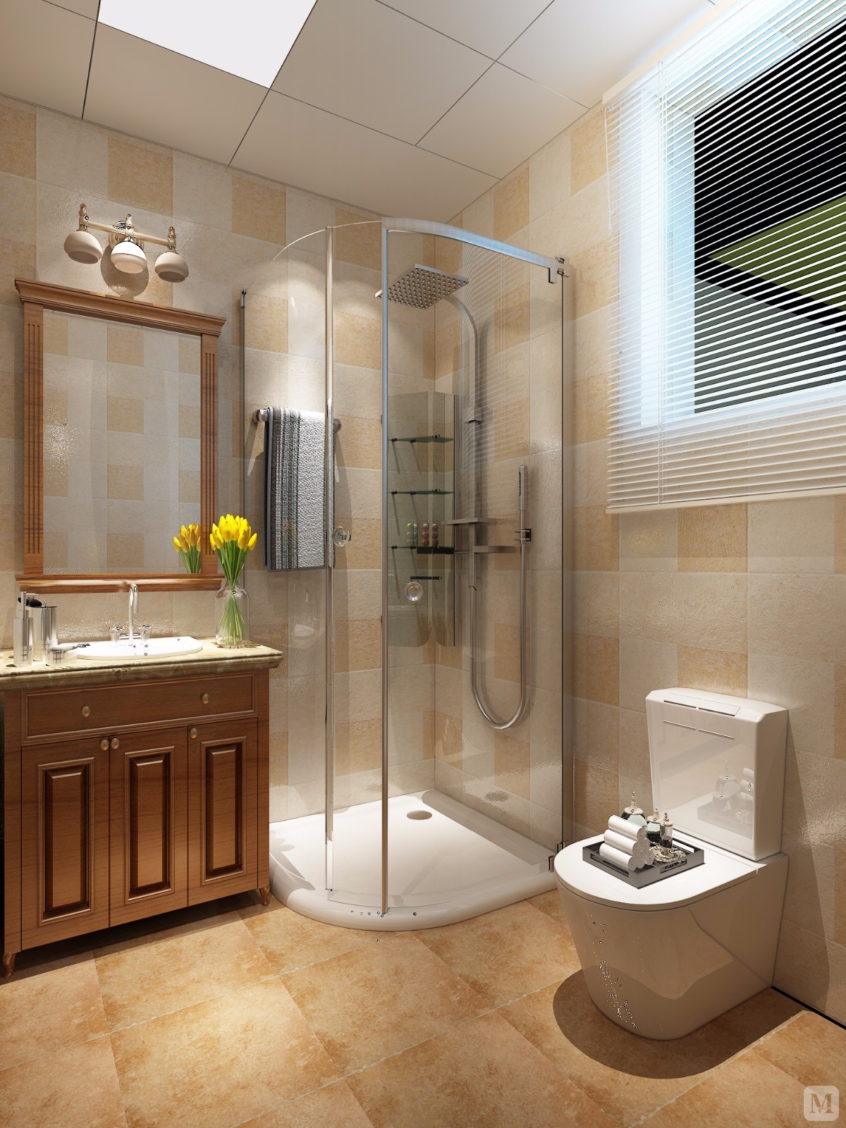 卫浴间使用格子为主基调，层层递增，有亮黄到深黄的渐变使空间的氛围格外“清凉”、“干净”。独立的淋浴空间让整体更加显得私密与温情。