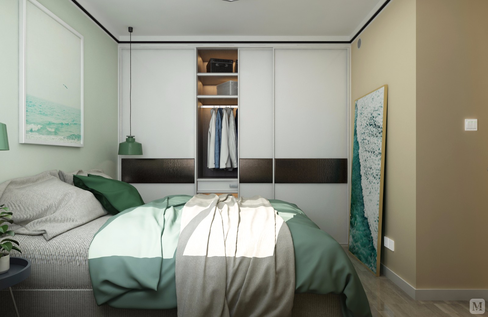 装饰画和床品搭配给休眠空间营造清新美好的环境。近3米的大衣柜，是小户型的收纳担当。简单的置物架，小块面的颜色对比，活跃空间气氛。