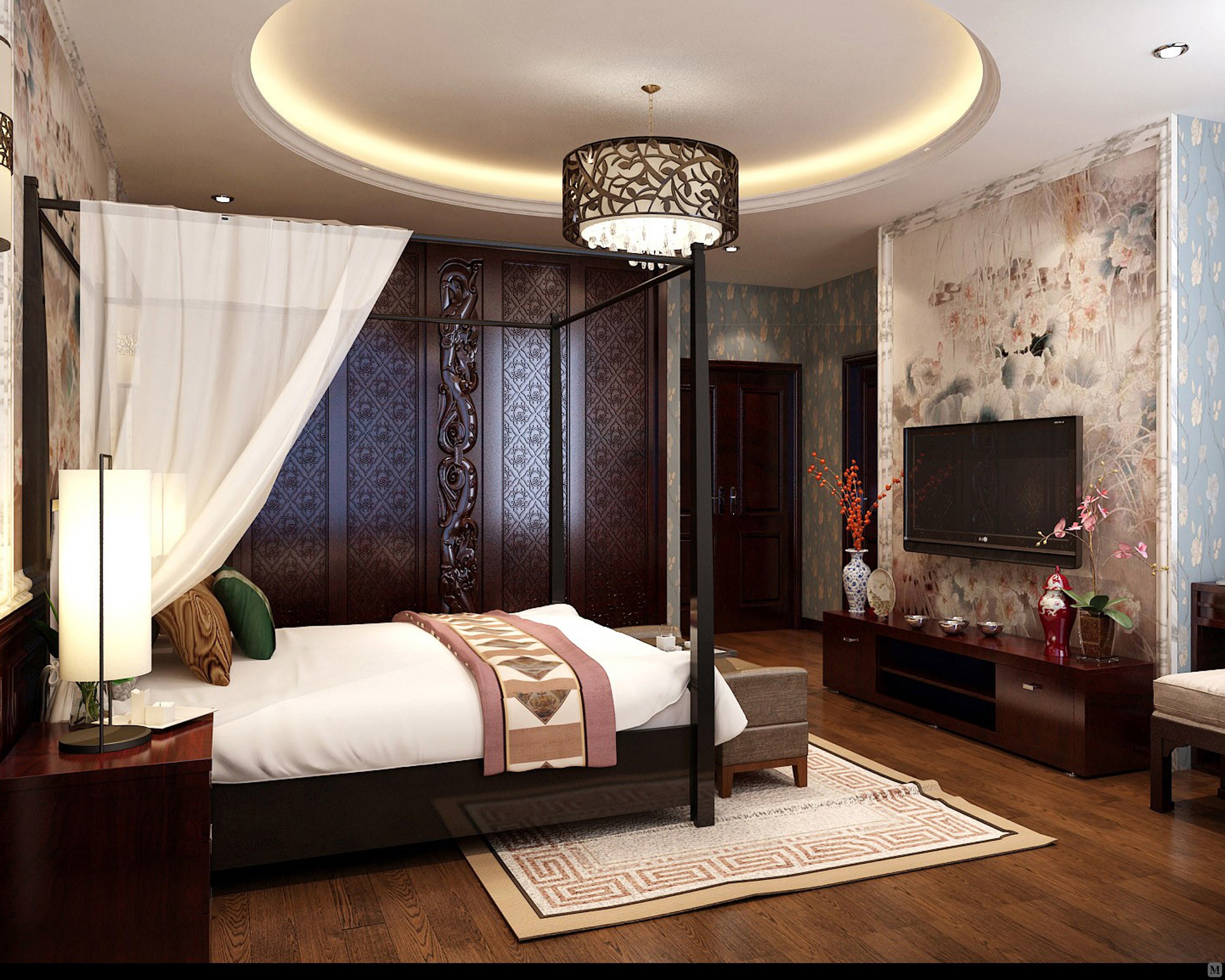 因为层高的高度,设计了整体的拱形中式木制吊顶.