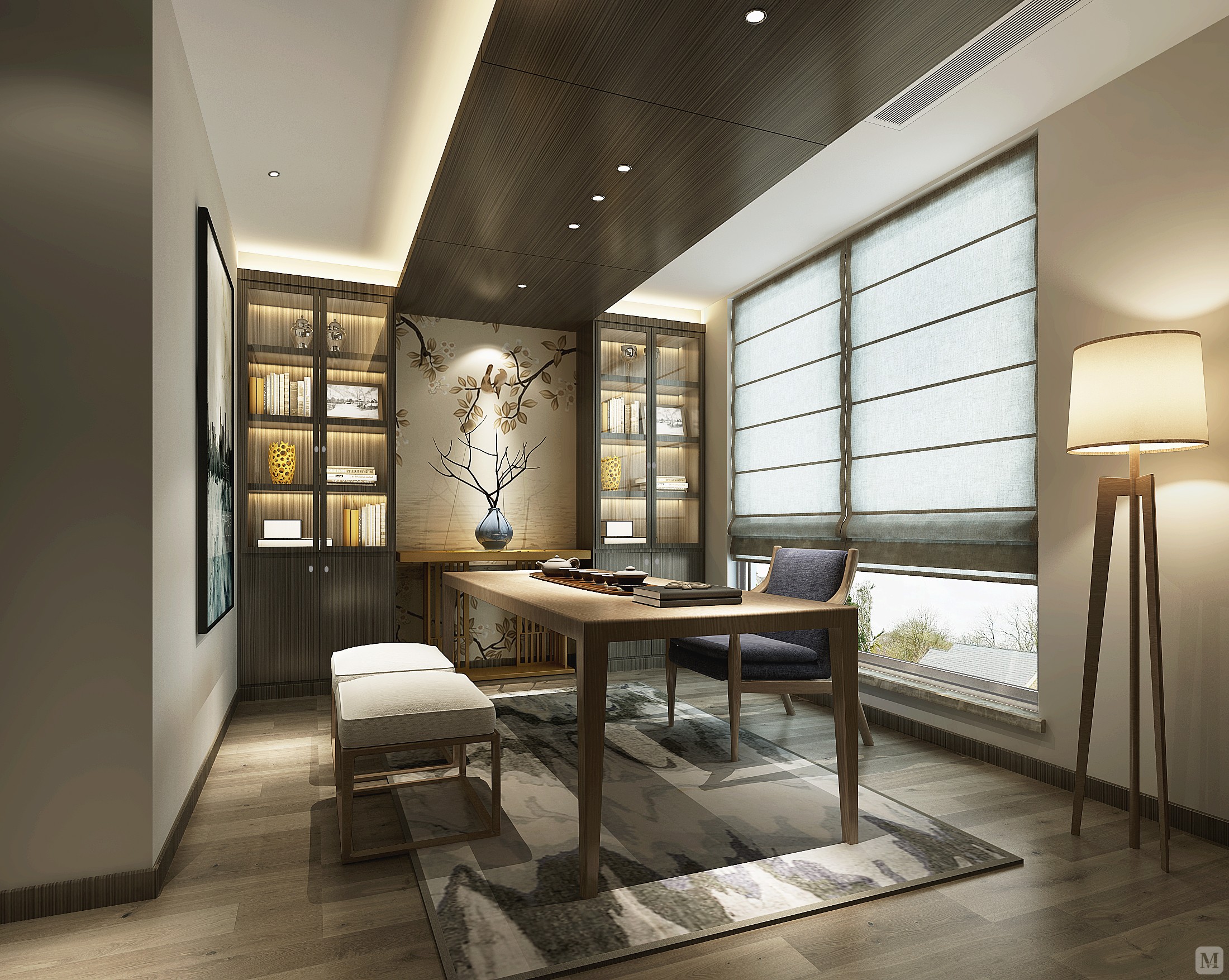 家具与灰色光亮木纹纹理的大理石砖地面是一种精致前卫的组合空间美