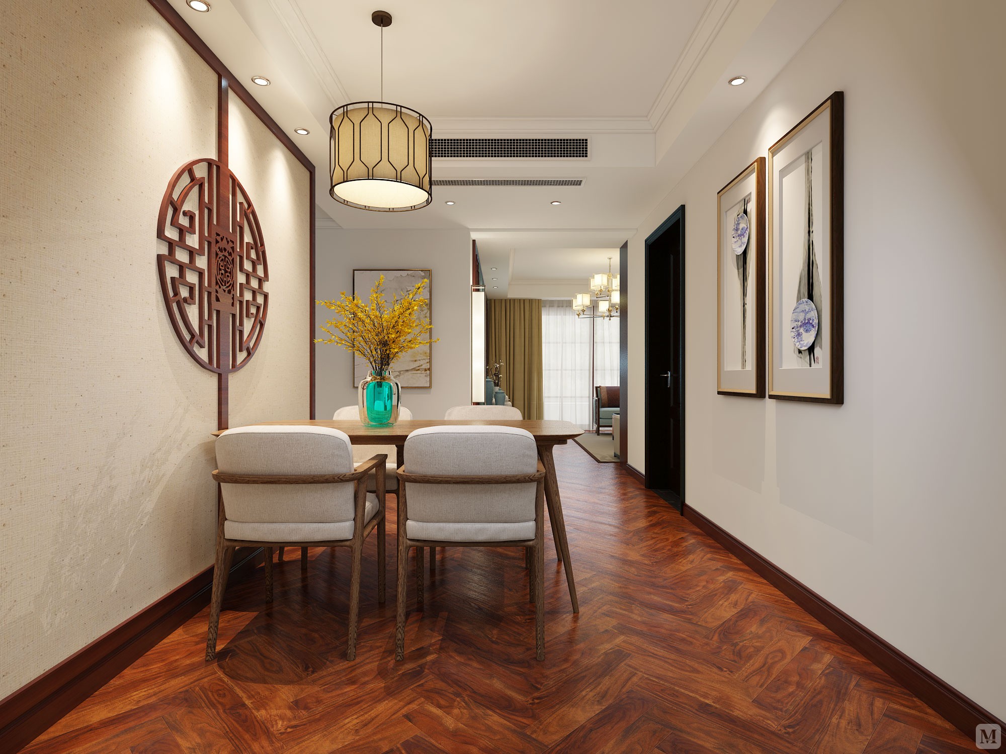 客户是中年夫妇,整体空间以新中式为主,适用于家庭居住,空间颜色以