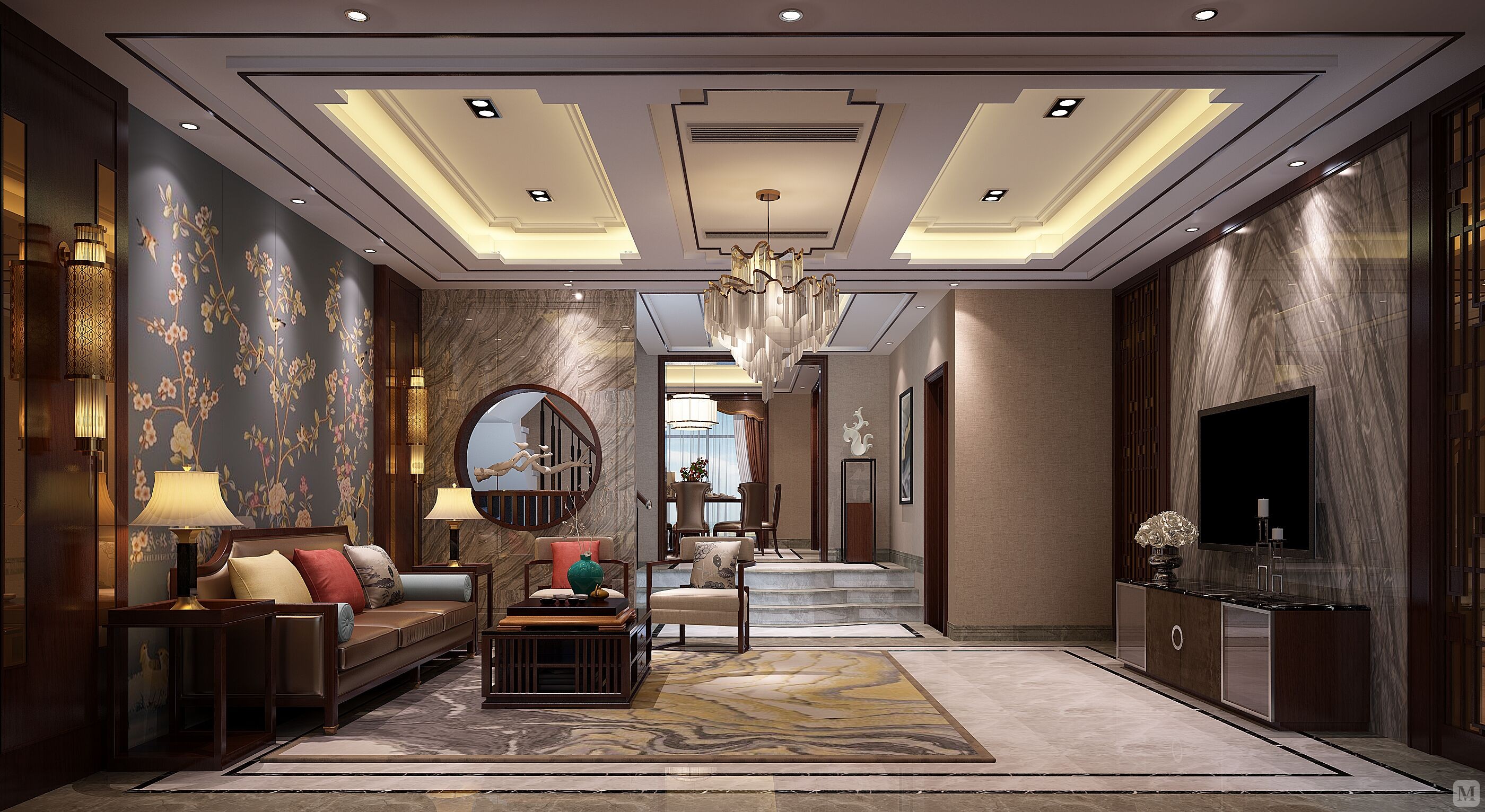 74.2万360㎡中式复式装修隆和府新中式风格效果图