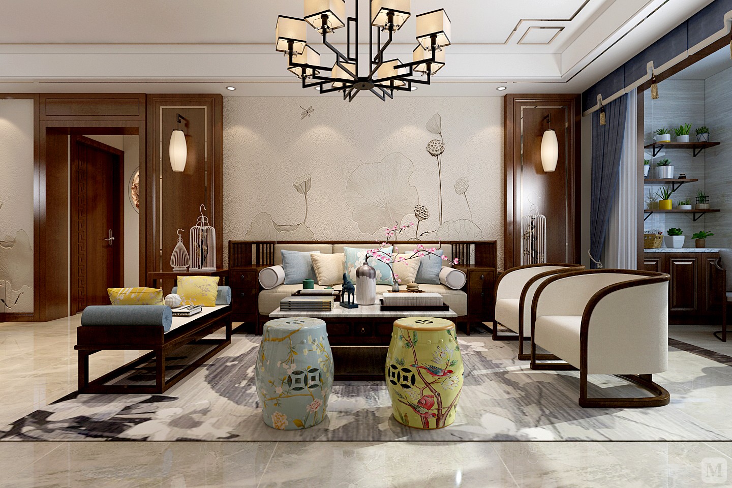 空间讲究对称性,整体看起来端庄,沉稳,而雅致的中国风的硅藻泥让整个