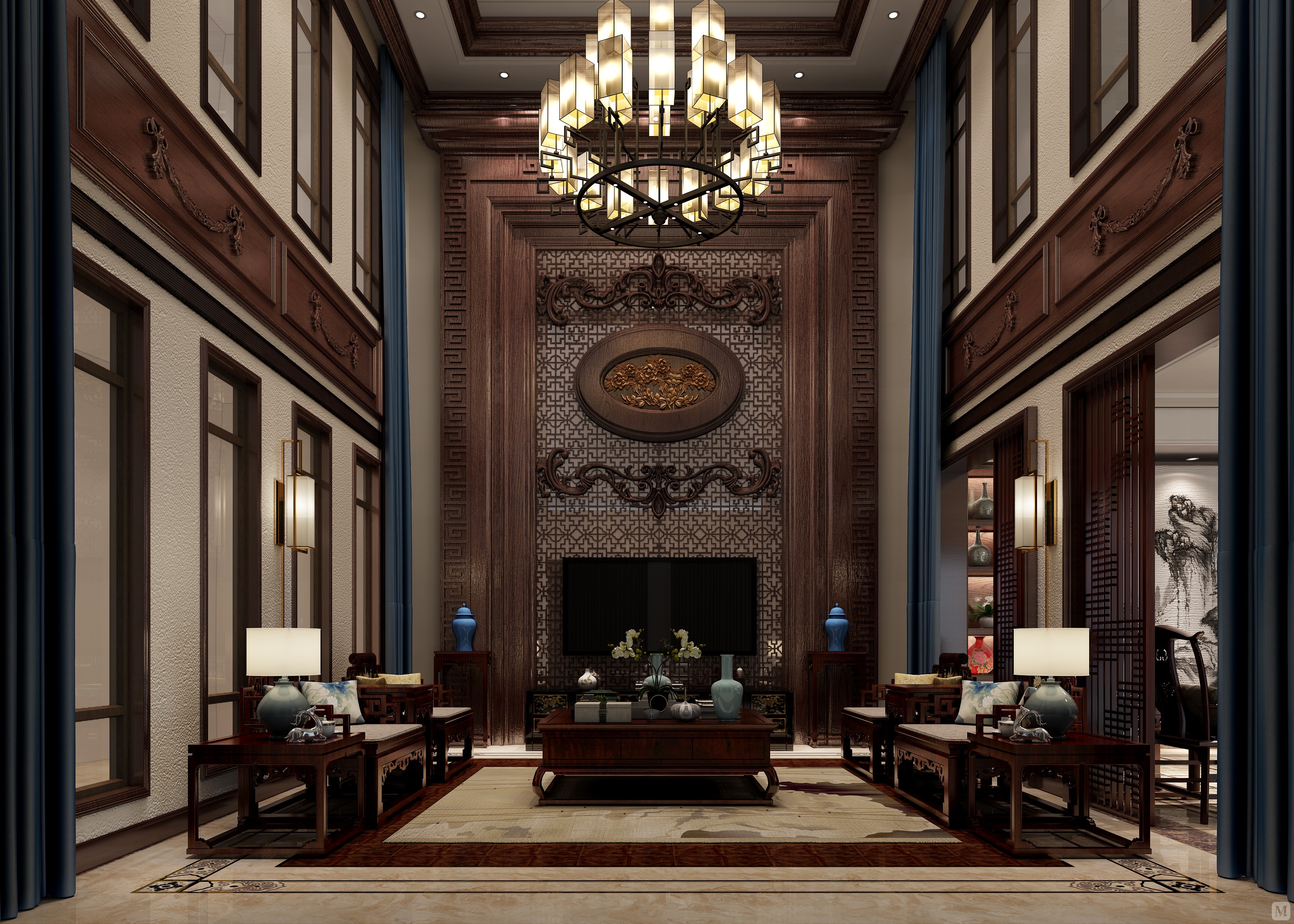 2万200㎡中式别墅装修洞林湖新田城别墅装修工程