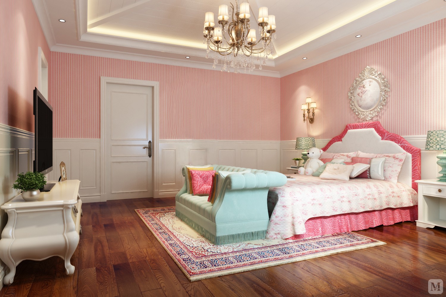 女儿房 做了实木墙围 配合浅粉色墙面，搭配白色家具，整体公主感觉凸显。