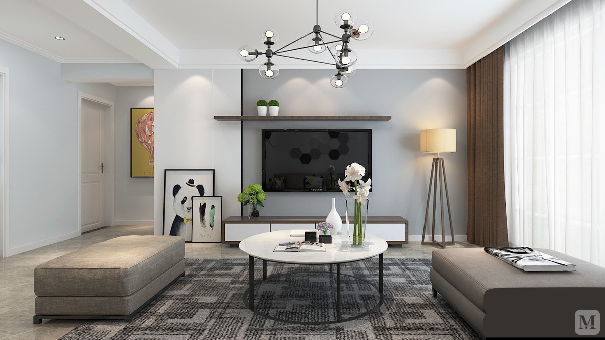 本案风格定位为现代简约风格,简约的设计使得空间简洁明快,色调以白色