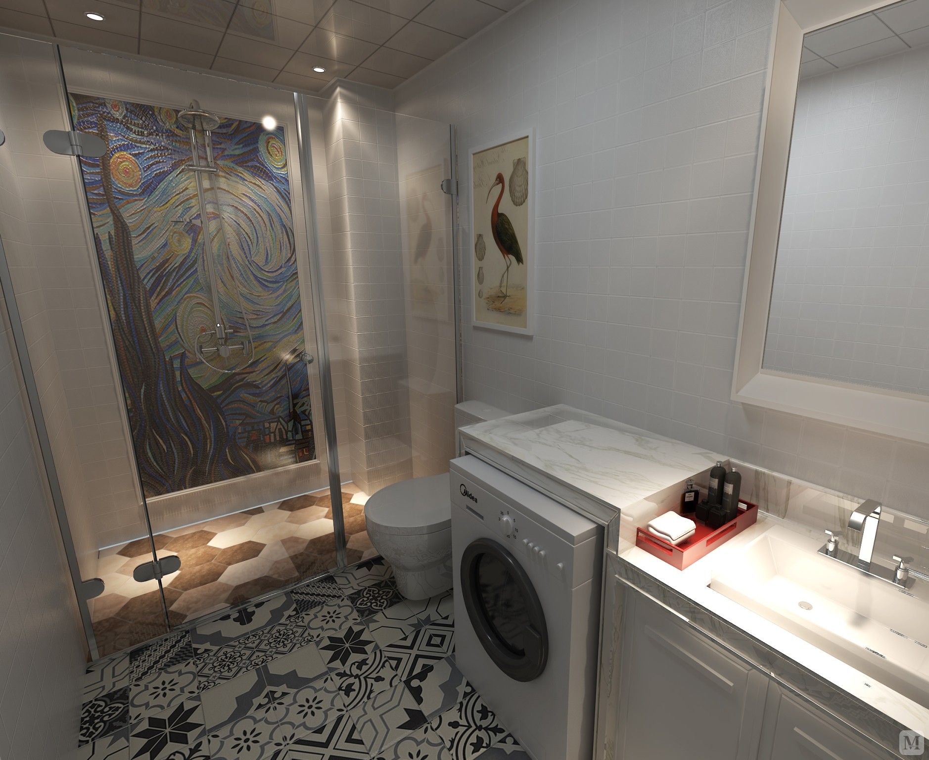 卫生间淋浴墙是梵高的星空马赛克粘贴（业主自选的），让卫生间充满了艺术气息，几种材料的组合，使得空间充满了想象力。