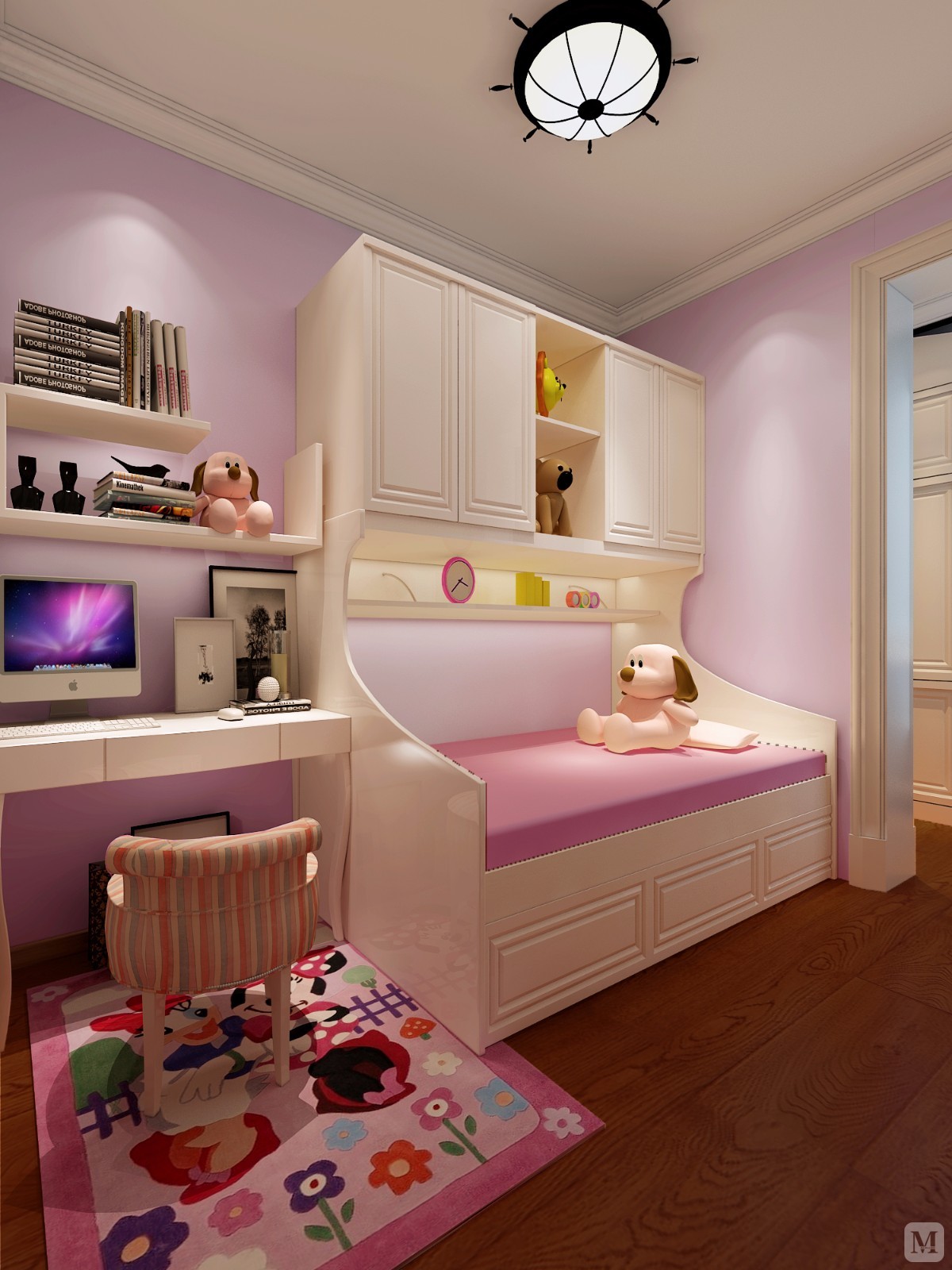 粉色靓丽的主色调让整个儿童房显得活泼可爱，床体的选择让房间更加的实用，软装的搭配粉色枕套与卧室格调交相呼应，满足主人对浪漫的追求。 它们仿佛在诉说、见证主人精致、有趣的旅程。