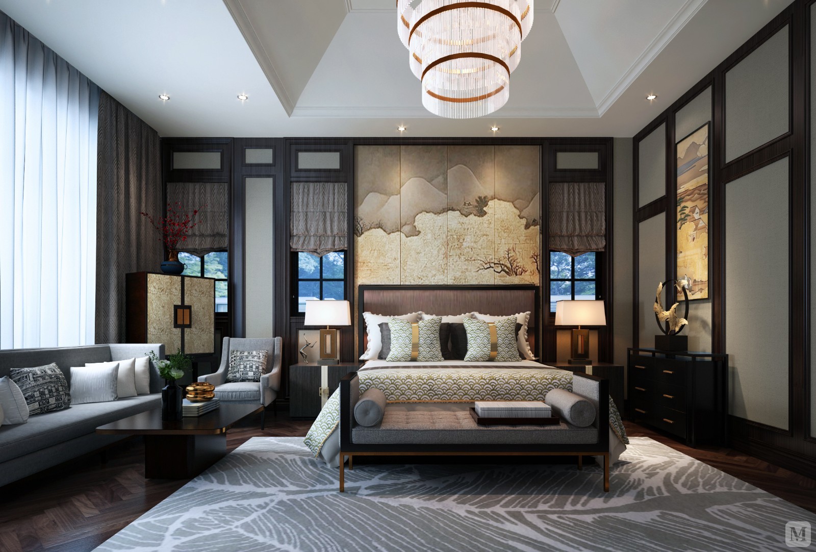 软装线条的搭配,让人舒适又放松,沙发茶几的布置让卧室更加惬意,地毯