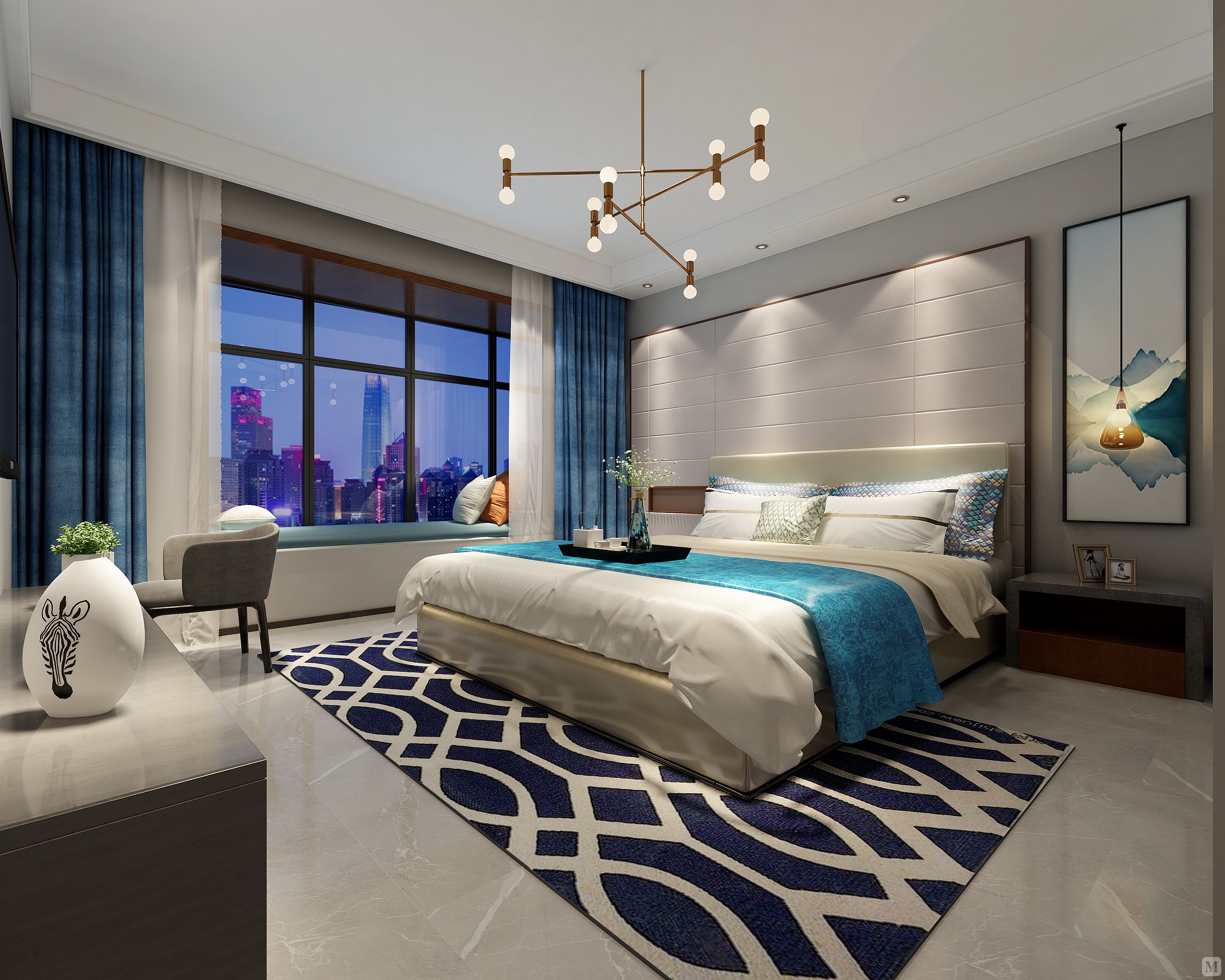 主人房色调淡雅,简约大气的家具线条在柔和灯光的衬托下,勾勒出时尚