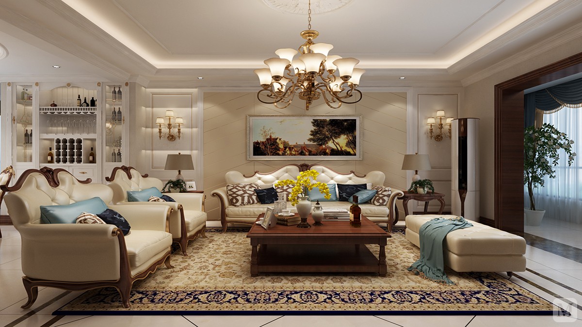 客厅作为待客区域，在家私上选用欧式风格的家具。作为房子中心给人舒适，安心的感觉。