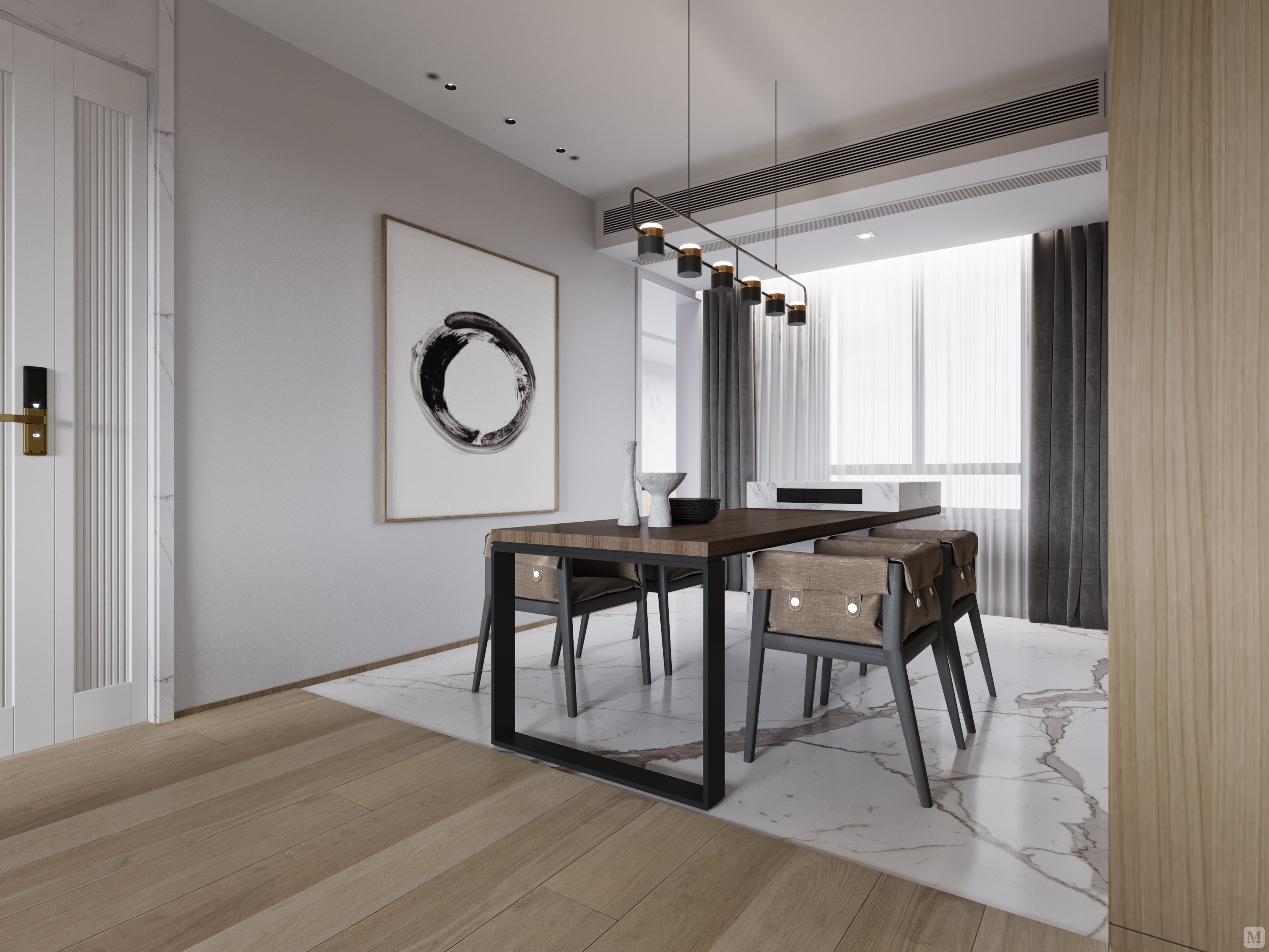 餐厅区,灰白色与原木色调贯穿整个风格的设计,视觉上朴素,简洁,既沿袭