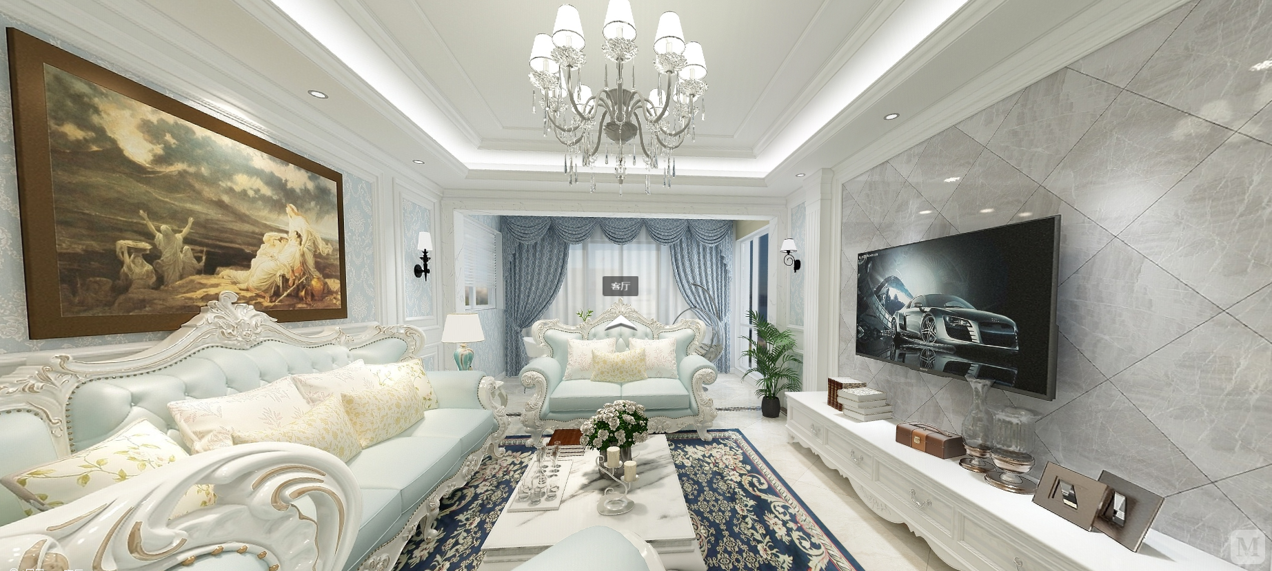 简约浅色调和灰色的这种搭配，客厅以白色为基底，蓝色点缀，整面流线，奠定了房子的主题，淡蓝色的沙发带来特有的欧式古典浪漫，角落里的绿植，给雅静的空间带来生机，整个氛围带着律动的节奏感。